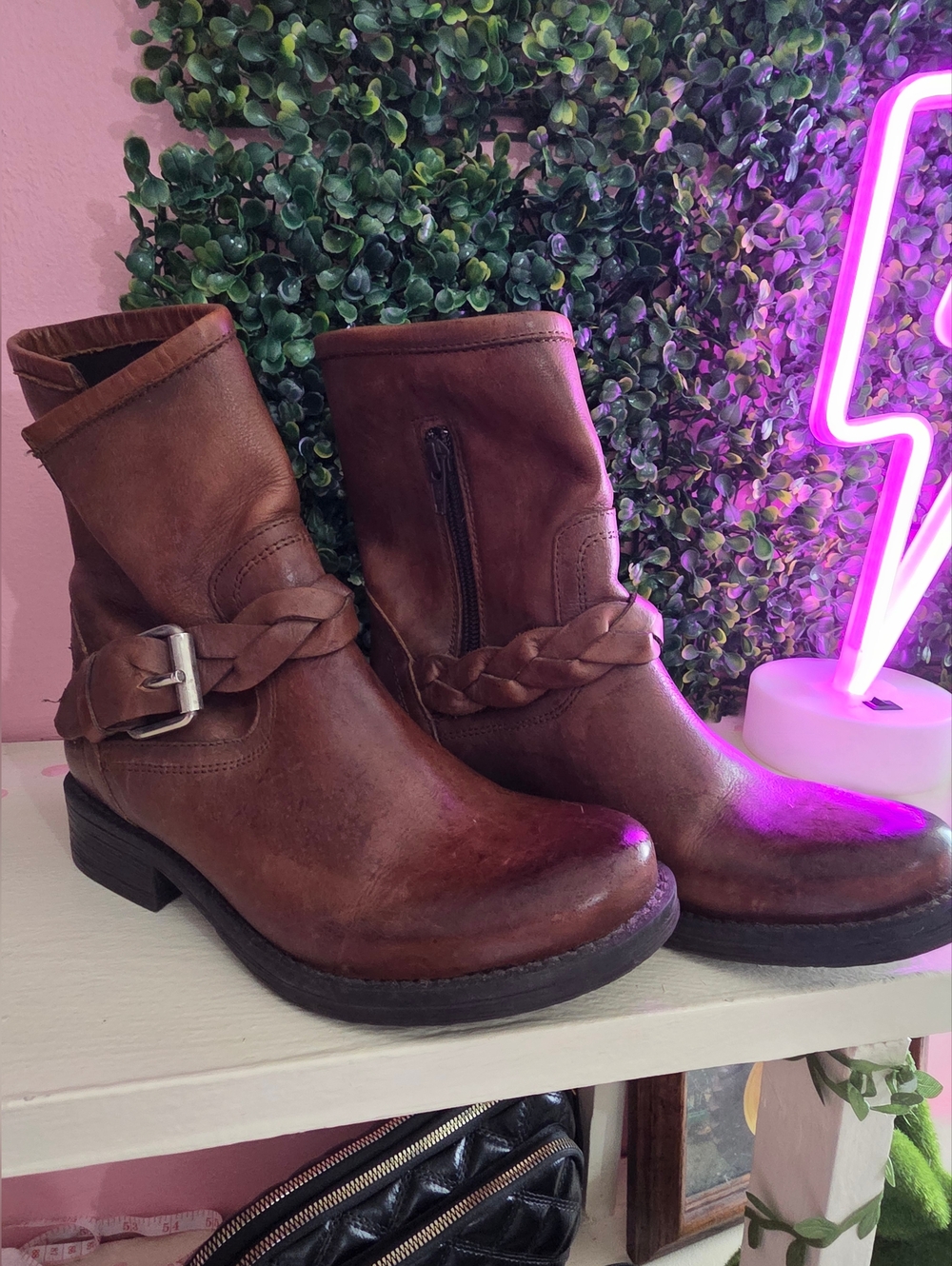 Steve Madden Brown Leather Braided-Strap Ankle Boots